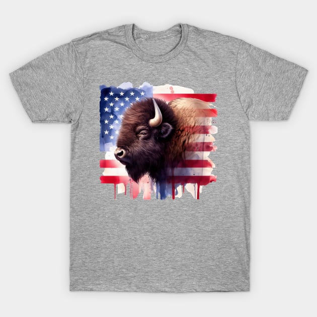 Bison portrait with United States of America flag background watercolor T-Shirt by SPJE Illustration Photography